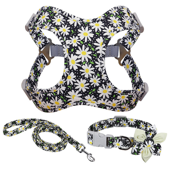 Dog Flower Printed Collar Harness Leash Set