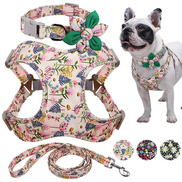 Dog Flower Printed Collar Harness Leash Set