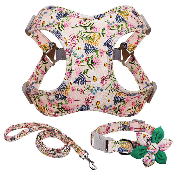 Dog Flower Printed Collar Harness Leash Set